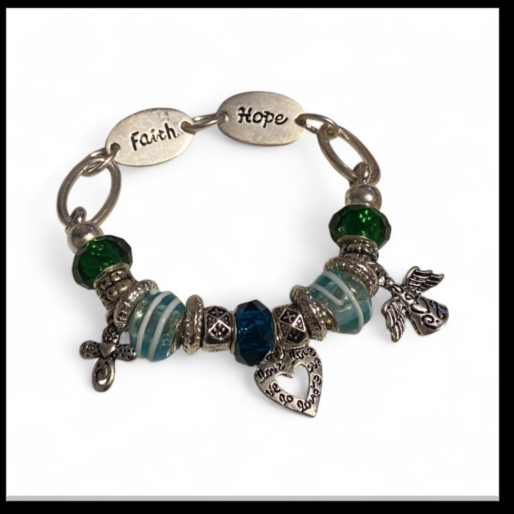 Silver Tone Kim Rogers Faith & Hope Charm Bead Bracelet #6674 💎